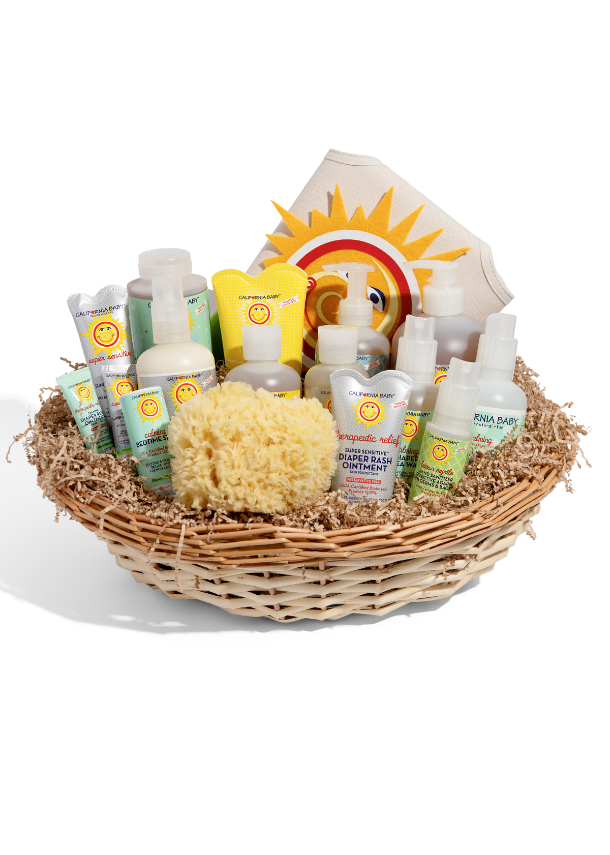 High-angle view of newborn care products in round wicker basket with brown paper filler and sun-logo bag