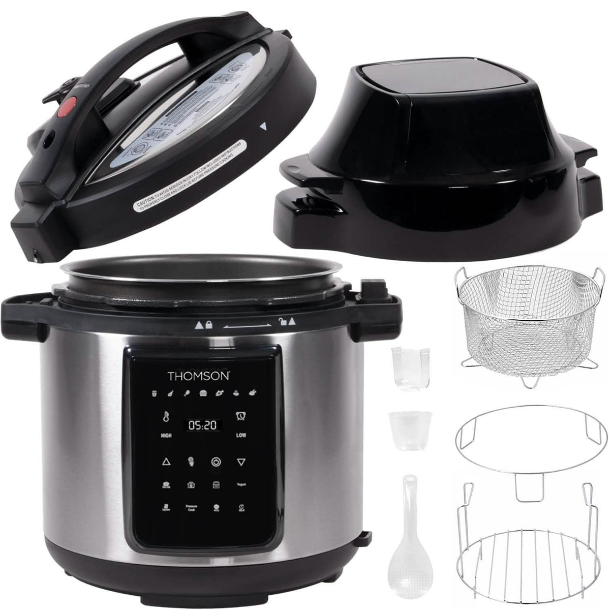 Thomson 9-in-1 multi-cooker with stainless steel body, black digital panel, and detached air fryer lid