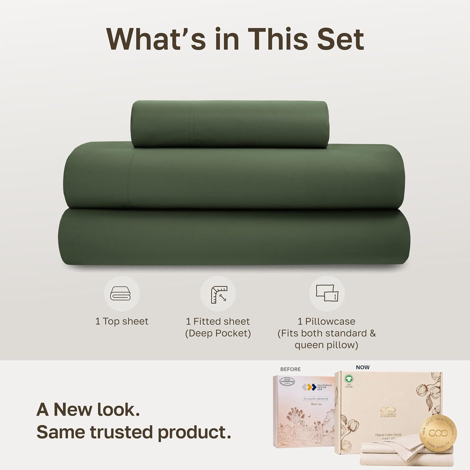 Organic Cotton XL Twin Sheet Set, 3 Pcs, Olive Green