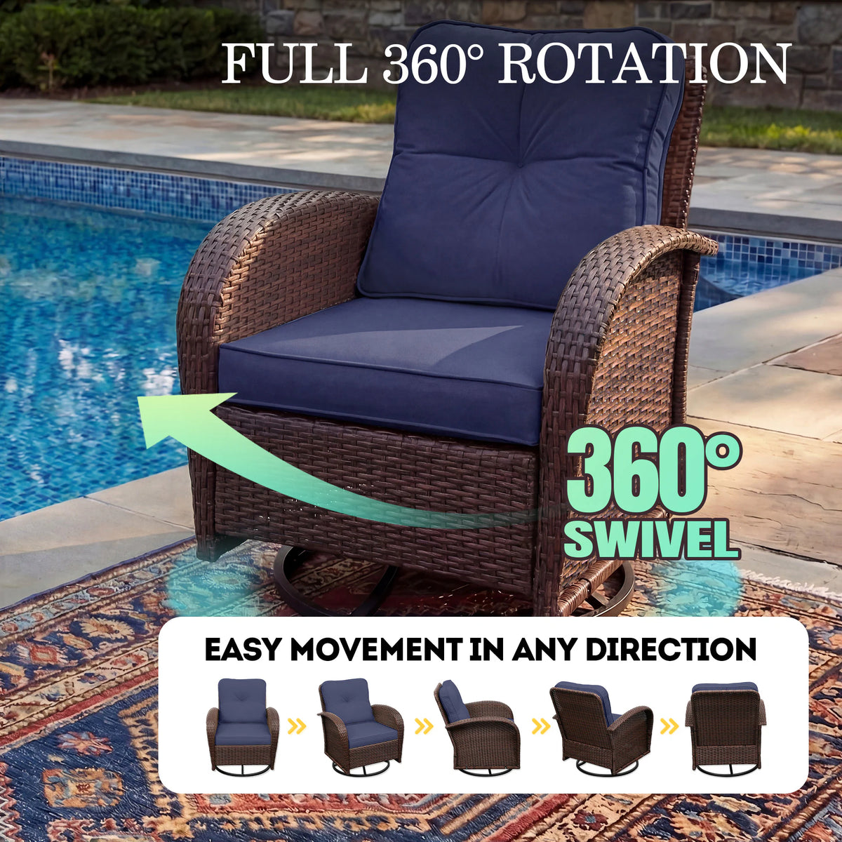5 -Piece Wicker Patio Conversation Set with Navy Cushions Included