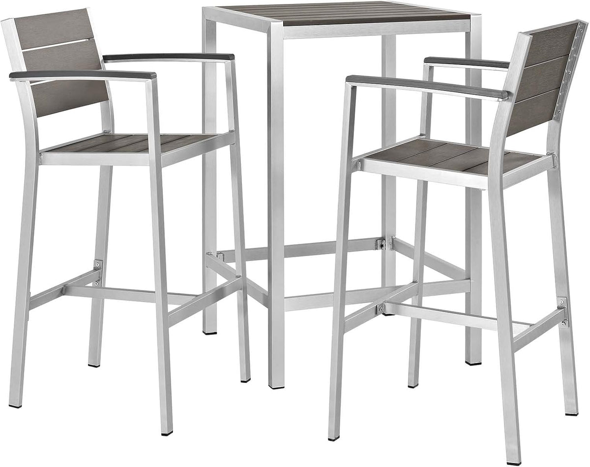 Shore Aluminum 3-Piece Outdoor Patio Pub Bistro Set with 28" Bar Table and Two Bar Stools in Silver Gray