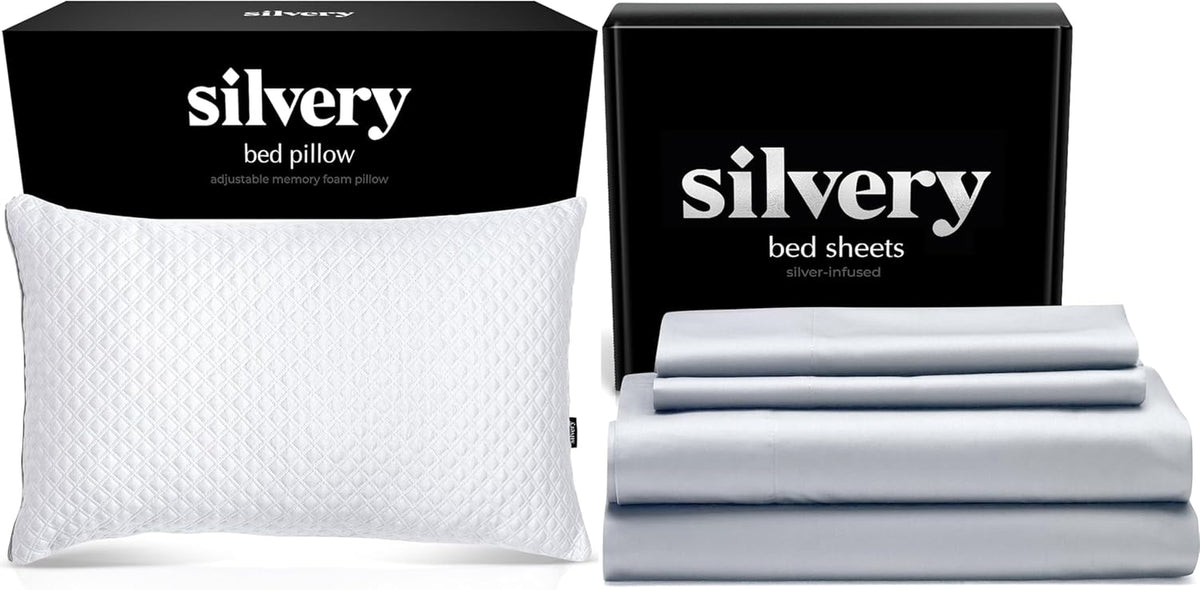 save More Bed Pillow (Queen) Bed Sheets (Queen) Value Bundle – Ultra Soft Cooling Sheets & Self-Cleaning Pillow for Hygienic, 5-Star Sleep Comfort