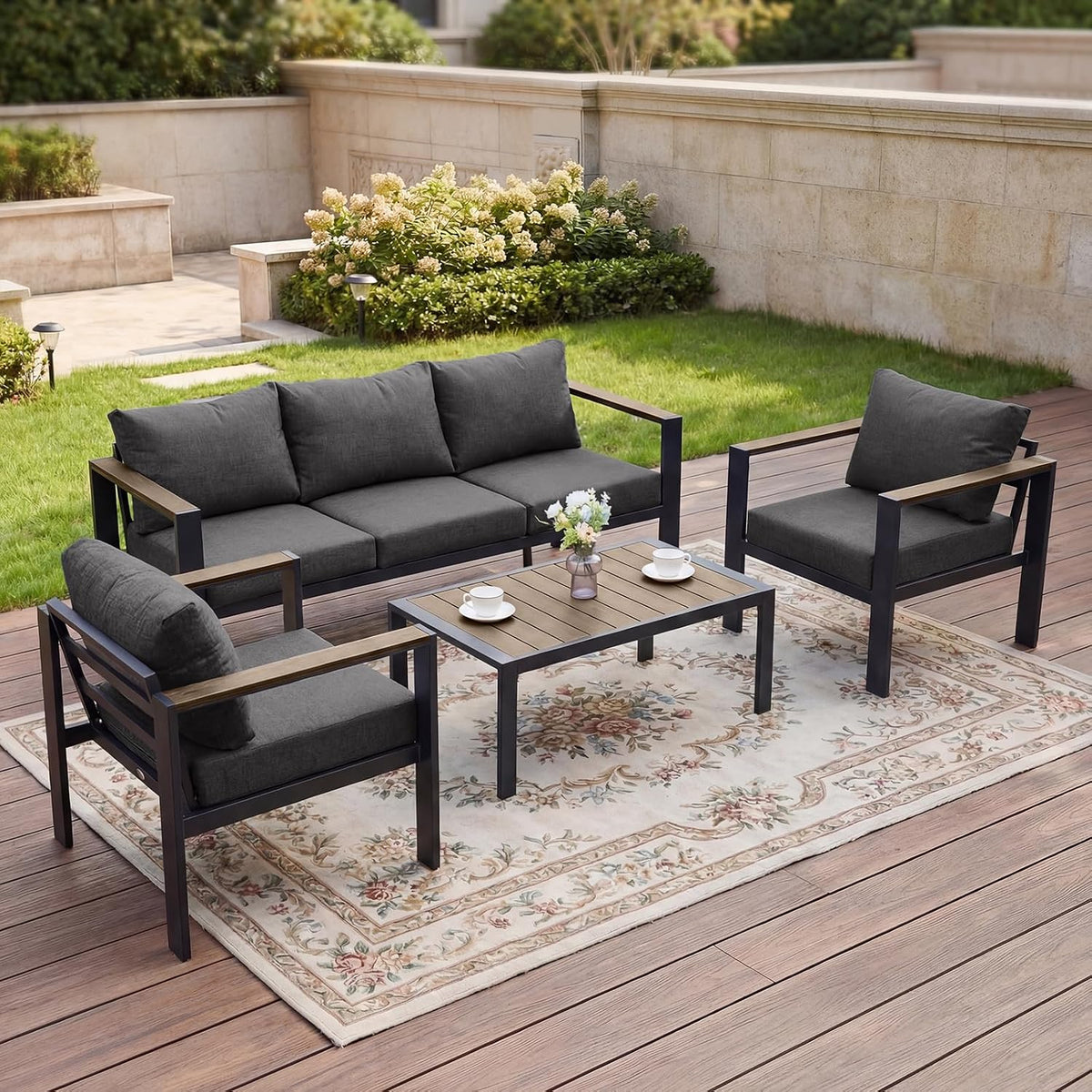 Patio Furniture Set 5 Seats and Coffee Table, Patio Conversation Set with Washable Thick Cushions, Deluxe Aluminum Modern outside Sectional for Porch, Balcony, Deck, Yard, Dark Gray
