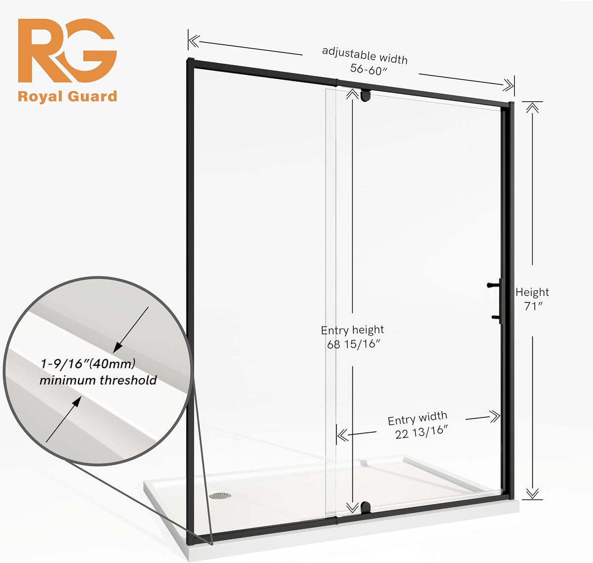 56-60" W X 71" H Pivot Swing Glass Shower Door,Matte Black