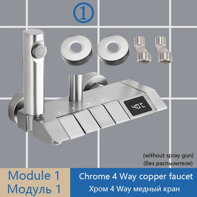 Gray Shower Set Bathroom Copper Shower System LED Digital Display Temperature Bathtub Shower Faucet DIY Shower Accessories Sets