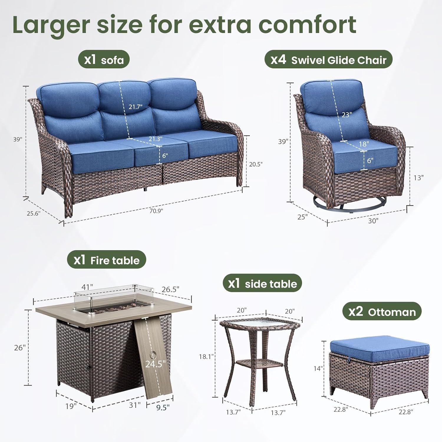 Luxury Patio Furniture Set with 6-Inch Thick Cushion, Outdoor Furniture with Fire Pit Table, Swivel Chairs, Sofa, Side Table, Ottomans, 9Pcs Wicker Conversation Set (Brown Wicker | Blue Cushion)