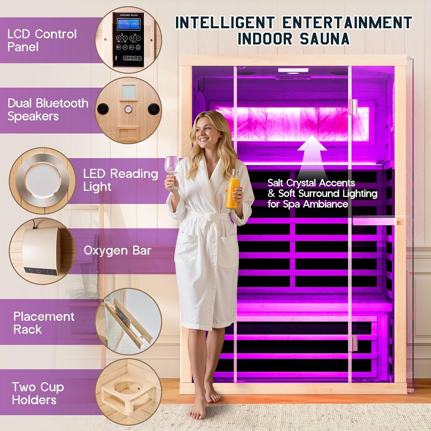 2 Person Infrared Sauna with Salt Crystal Bricks, Low EMF 110V