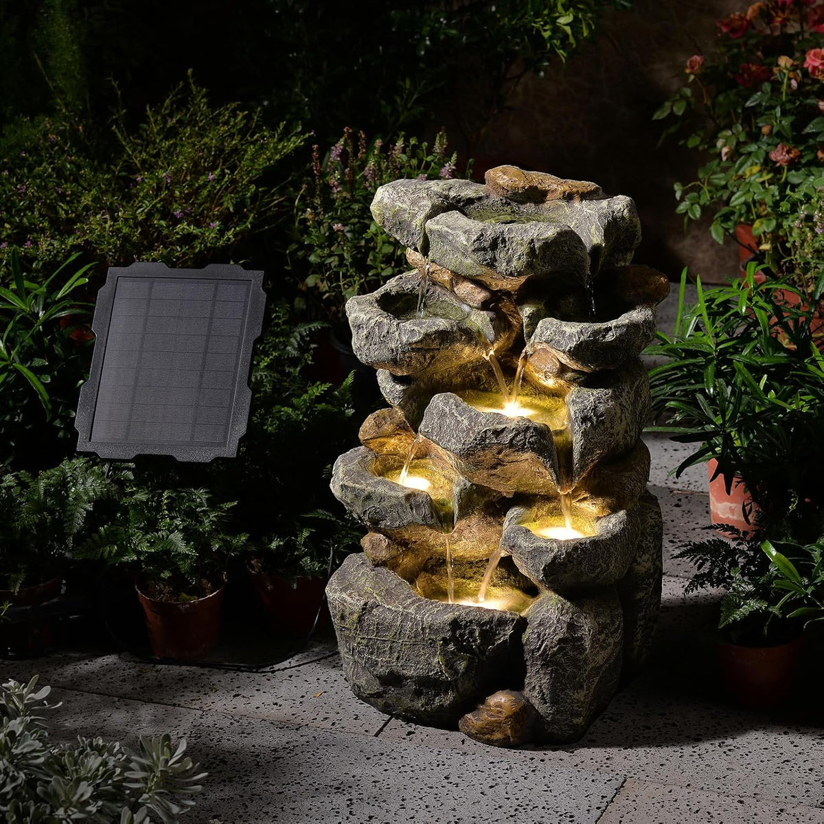 Solar Water Fountain Outdoor Garden, 24" H Cascading Stone Design 5 Tier Rock Feature Outdoor Fountains Waterfalls with Light, Pump Solar Panel for Patio, Deck, Porch, Backyard Home Décor