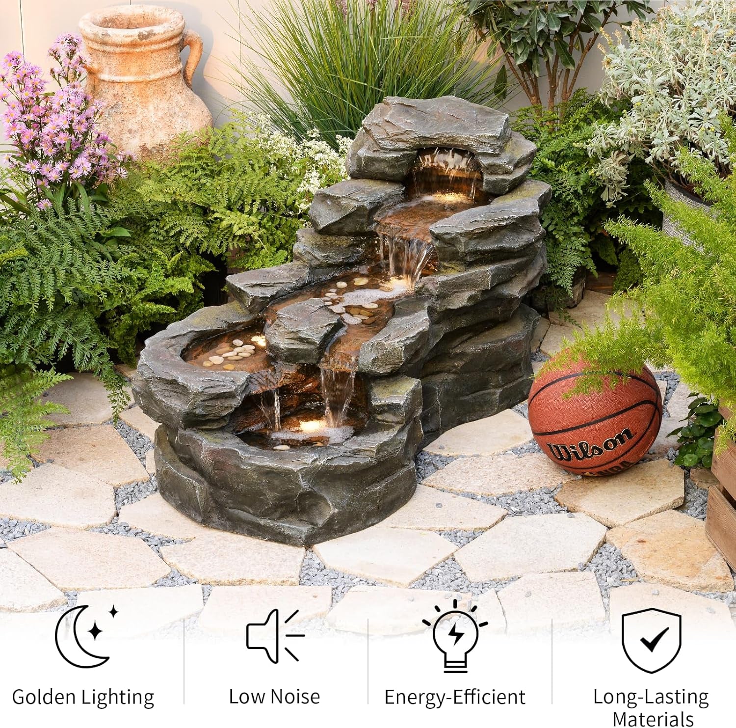37" Water Fountain Outdoor, 5-Tier Rock Waterfall Fountain with LED Lights