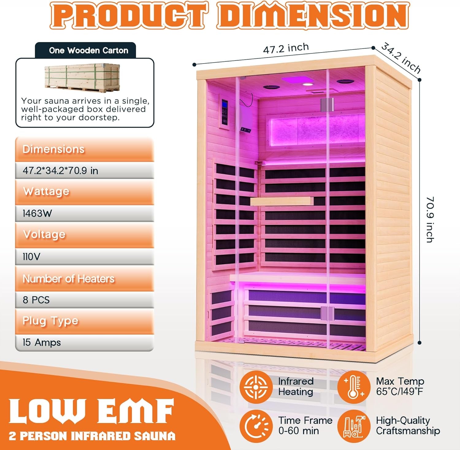 2 Person Infrared Sauna with Salt Crystal Bricks, Low EMF 110V