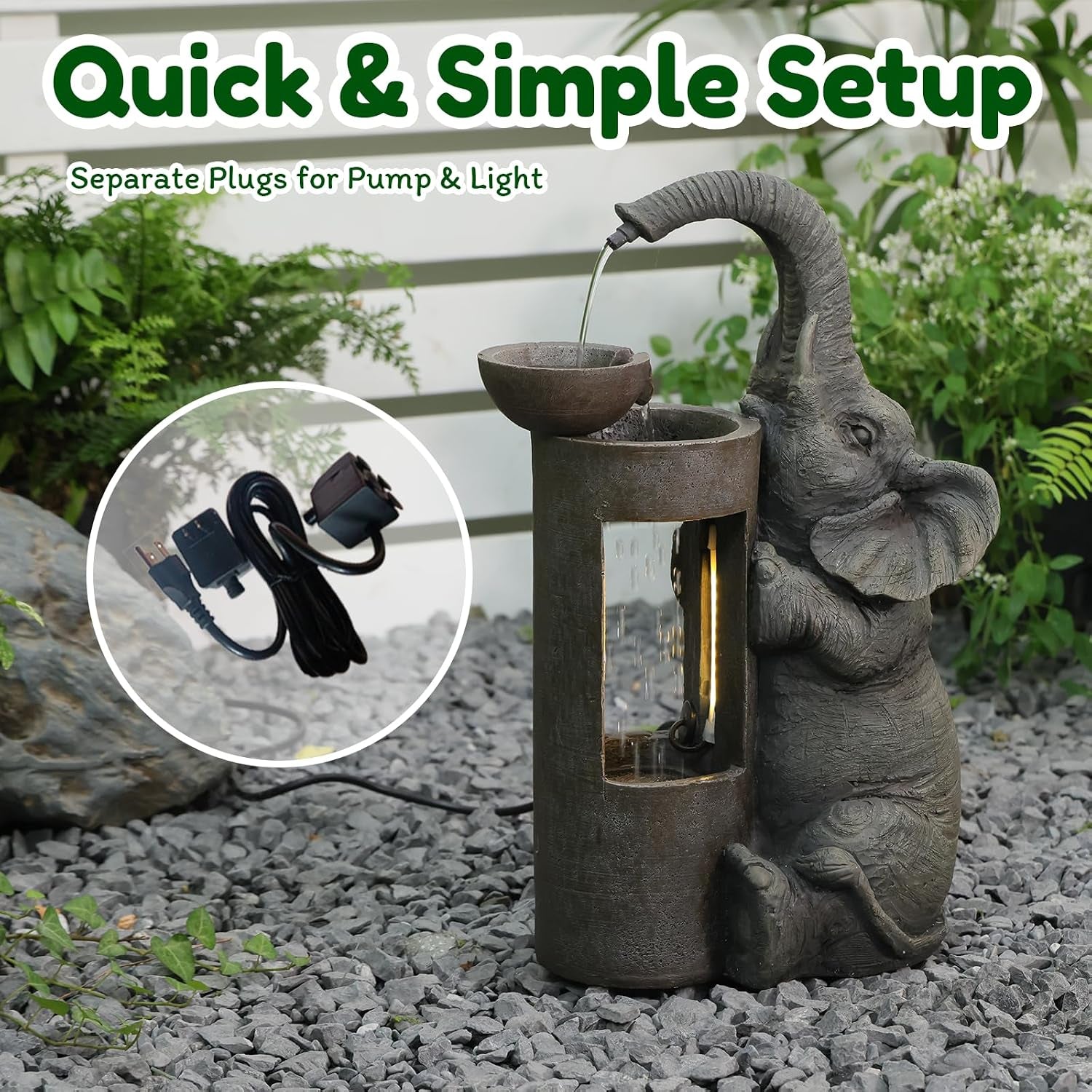 Elephant Waterfall Fountain for Indoor Desktop & Outdoor Use Small Garden Water Feature with LED Light Quiet Mini Cute Table Water Fountains for Patio, Yard, Home Decor