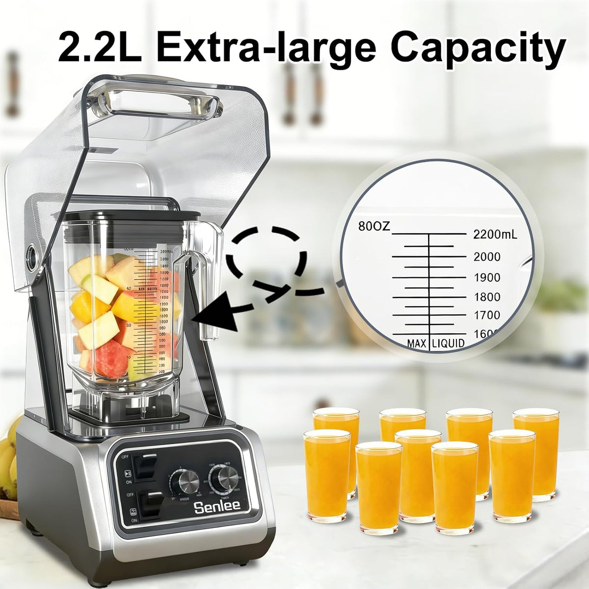 2200W Commercial Blender Quiet Shield Self-Cleaning Ice Crush 80Oz Pitcher