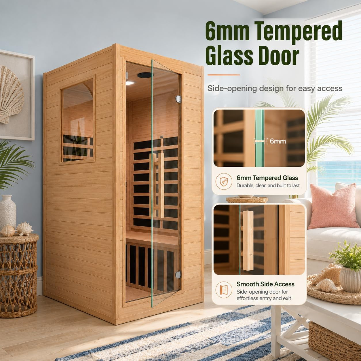 Far Infrared Sauna 2 Person for Home, Hemlock Wood Double Sauna with Side Door, 110V 2000W 8 Mica Heating Panels, Bluetooth FM, 6Mm Tempered Glass, LCD Controller, Home Spa Dry Sauna Room