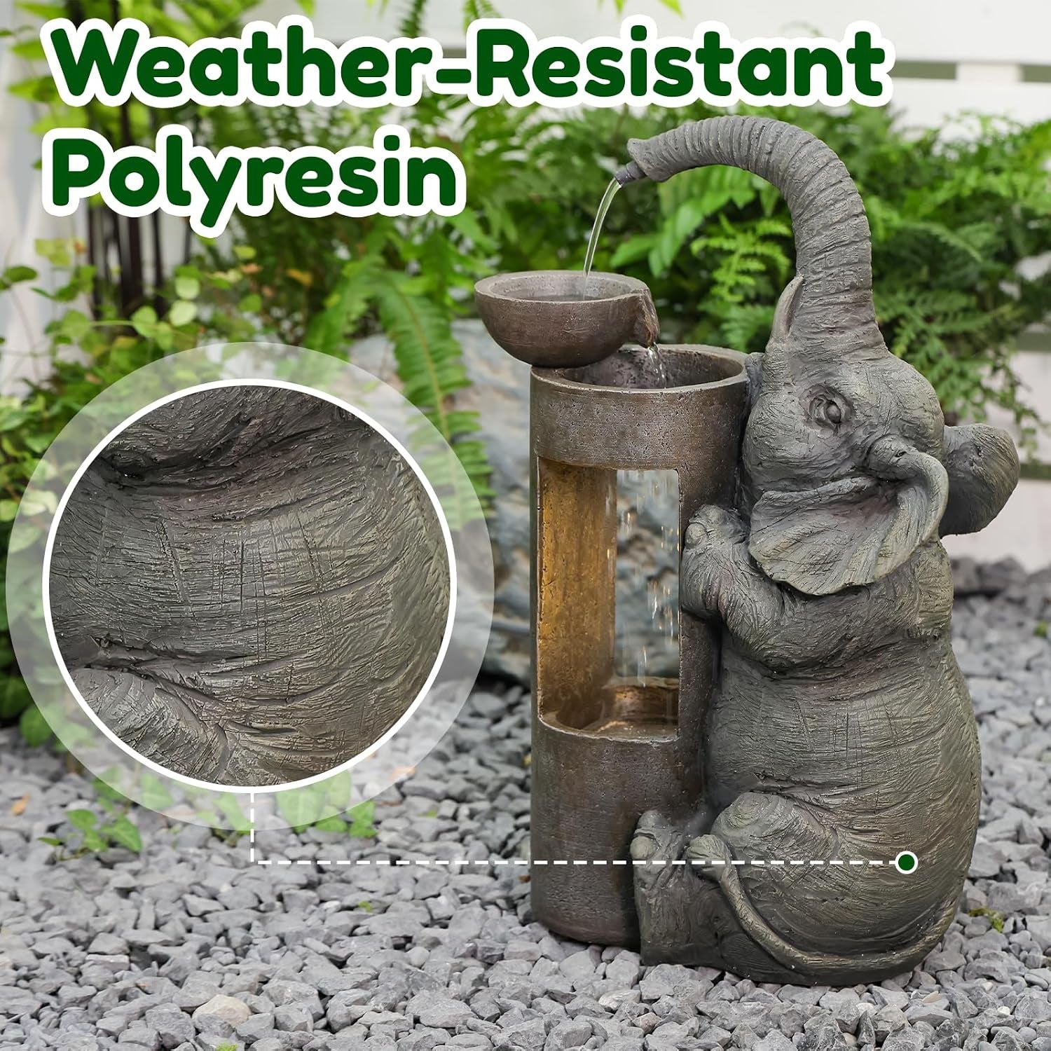 Elephant Waterfall Fountain for Indoor Desktop & Outdoor Use Small Garden Water Feature with LED Light Quiet Mini Cute Table Water Fountains for Patio, Yard, Home Decor