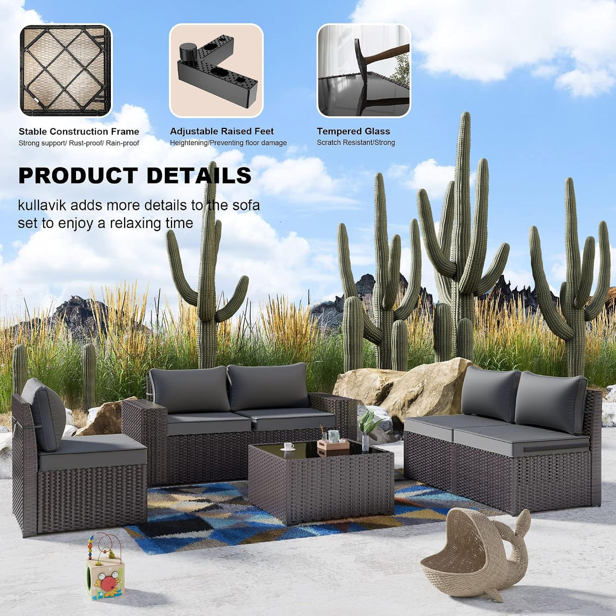 6PCS Outdoor Patio Furniture Set PE Wicker Rattan Sectional Sofa