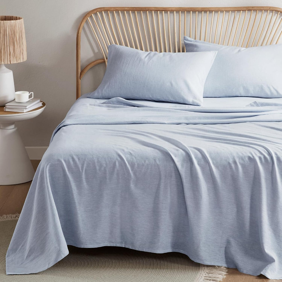 Luxurious Linen Cotton Sheet Set, Organic Linen Blend Bed Sheets - 15 Inches Deep Pocket, 4 Pcs French Flax Linen Bedding Set for All Seasons (King, Blue)
