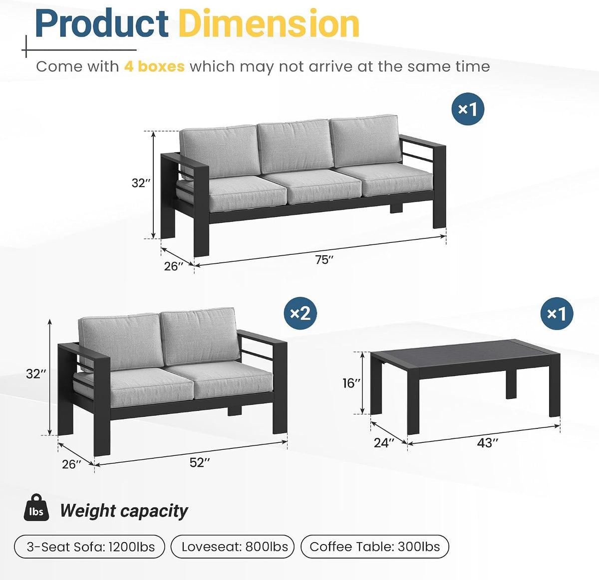 8 Pieces Patio Conversation Sets, Aluminum Outdoor Couch with Coffee Table, All-Weather Metal Patio Sofa with 5" Thick and Soft Cushion and Wide Arm, Outdoor Sofa Sets for Balcony, Porch, Light Gray