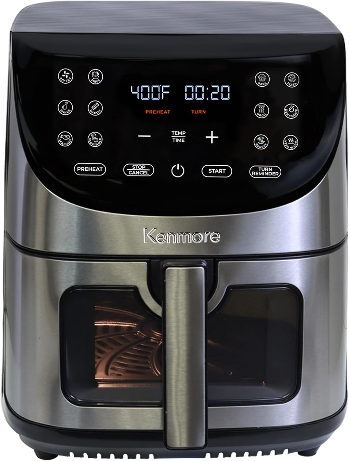 Kenmore Air Fryer - 8 Quart Aerogrill, Non-Stick Frying Basket, French Fry, Digital Touch Screen, 12 Presets, Freidora Eléctrica, Countertop Cooking Kitchen Appliance, Stainless Steel, Black