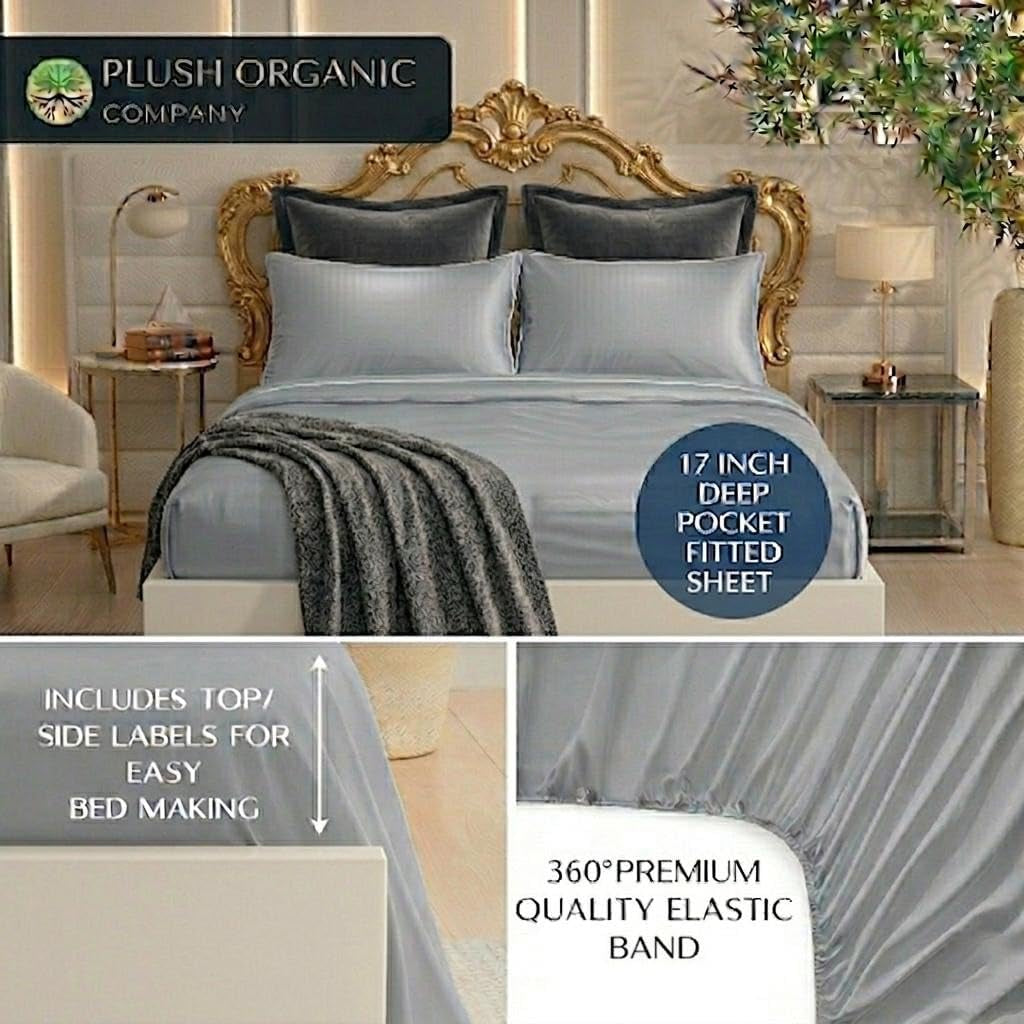 King Luxury 4 Piece Bedsheet Set, Harbor Mist with White Piping, Cooling Resort Bedding, Ultra Soft, Viscose Derived from Bamboo,Organically Grown, 300 Thread Count