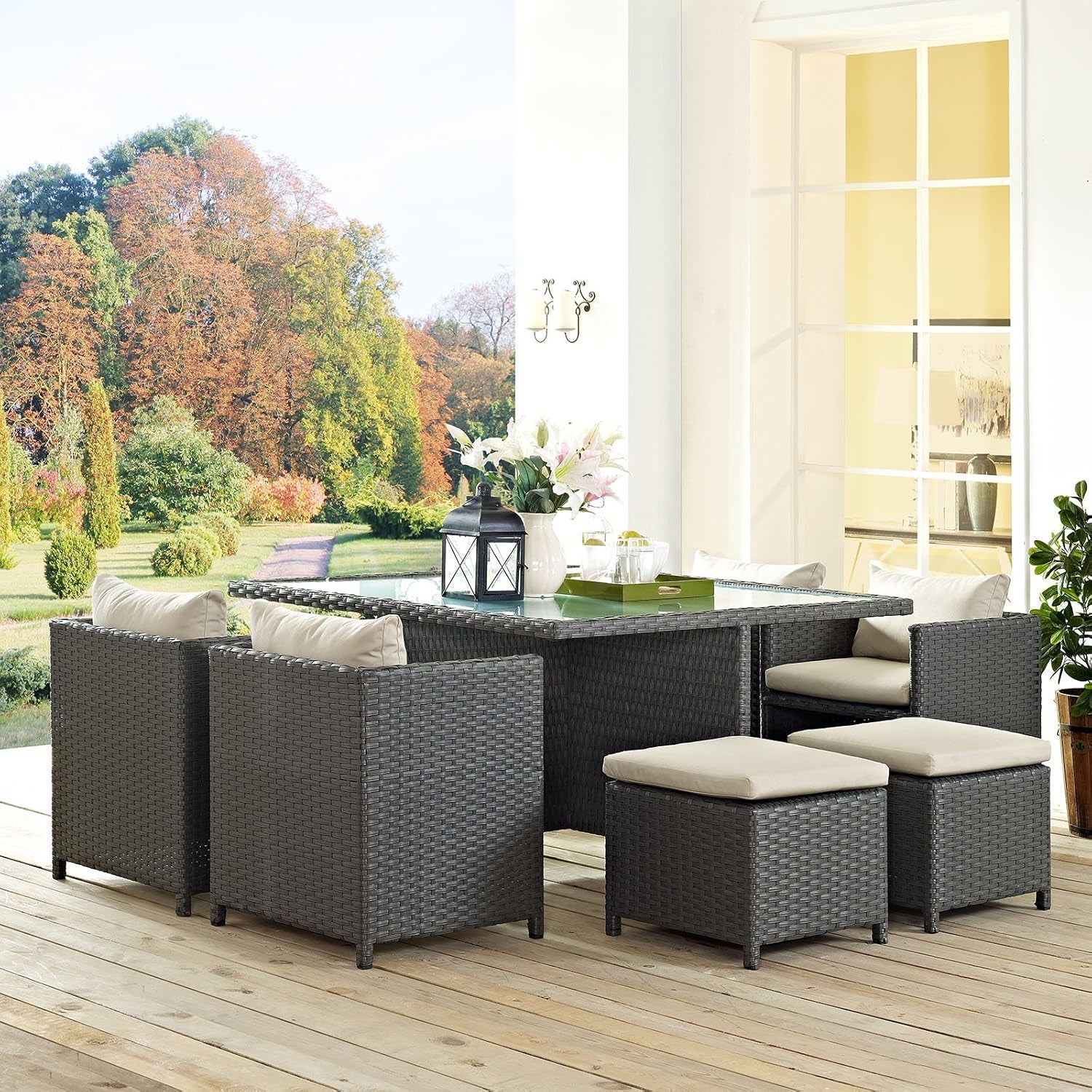 Sojourn Wicker Rattan Outdoor Patio Sunbrella Fabric, 9-Pc Dining Set in Antique Canvas Beige