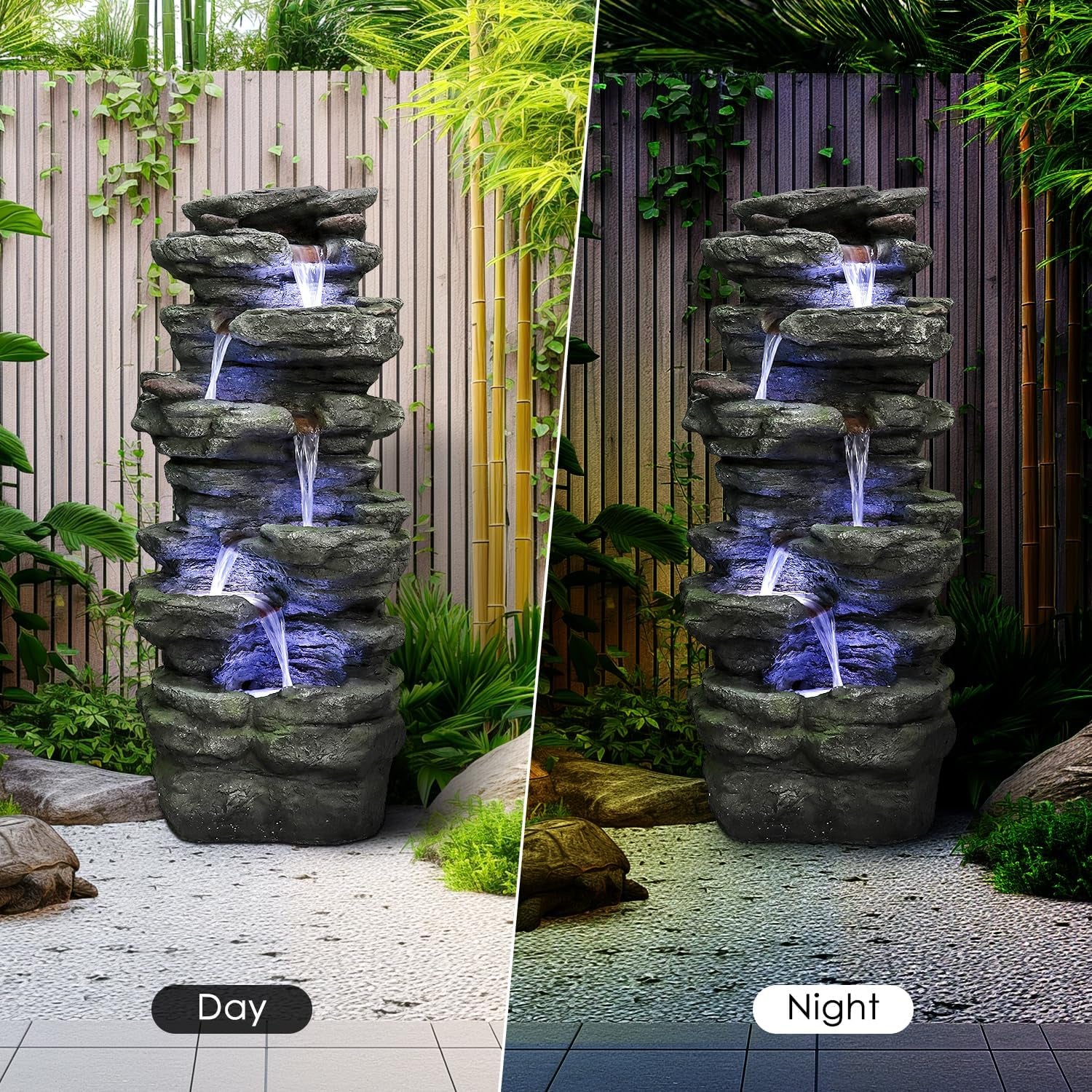40" High 6-Tiers Cascading Rock Outdoor Water Fountain with LED Lights - Large Outdoor Fountains and Waterfalls for Garden or Patio, Yard, and Deck Decor, Featuring Natural Stone Look