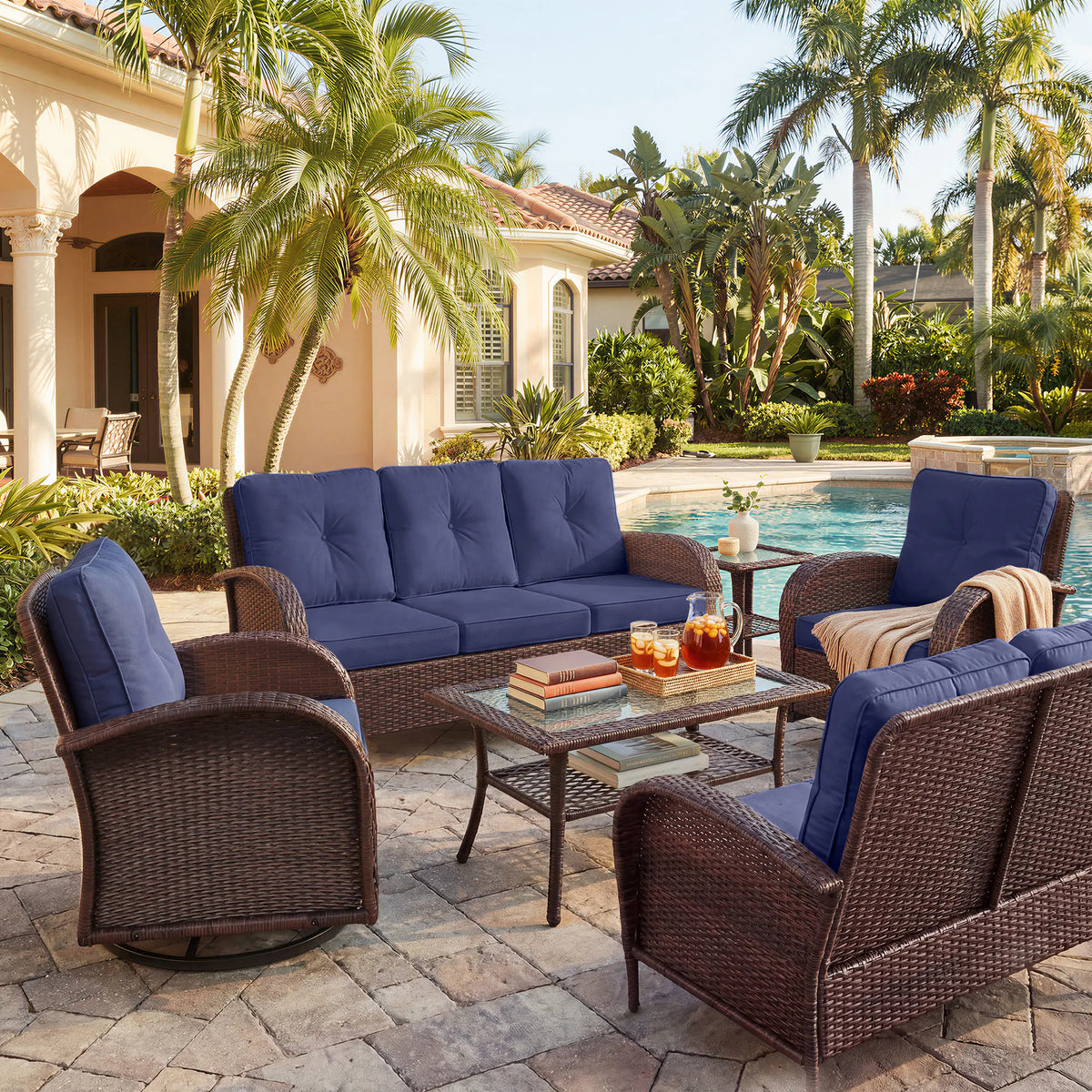 5 -Piece Wicker Patio Conversation Set with Navy Cushions Included