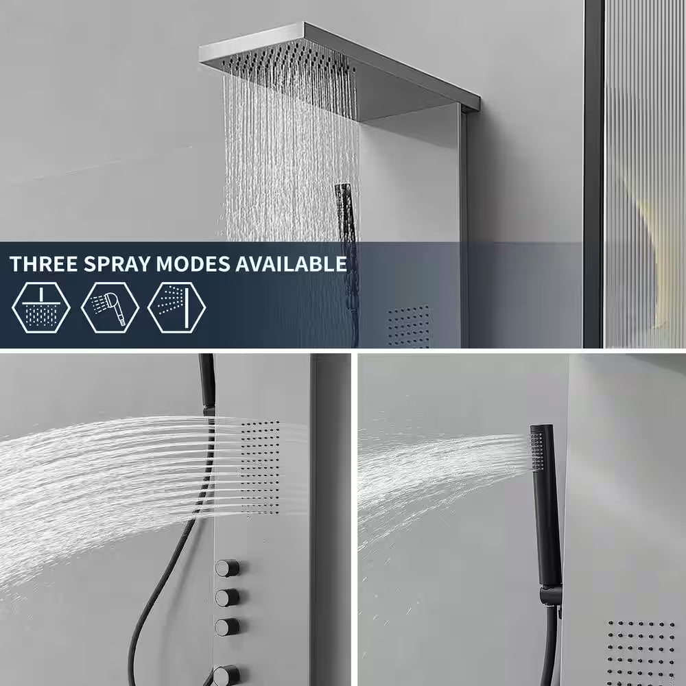 1-Jet Rainfall Shower Tower Shower Panel System with Rainfall Waterfall Shower Head and Shower Wand in Brushed Nickel