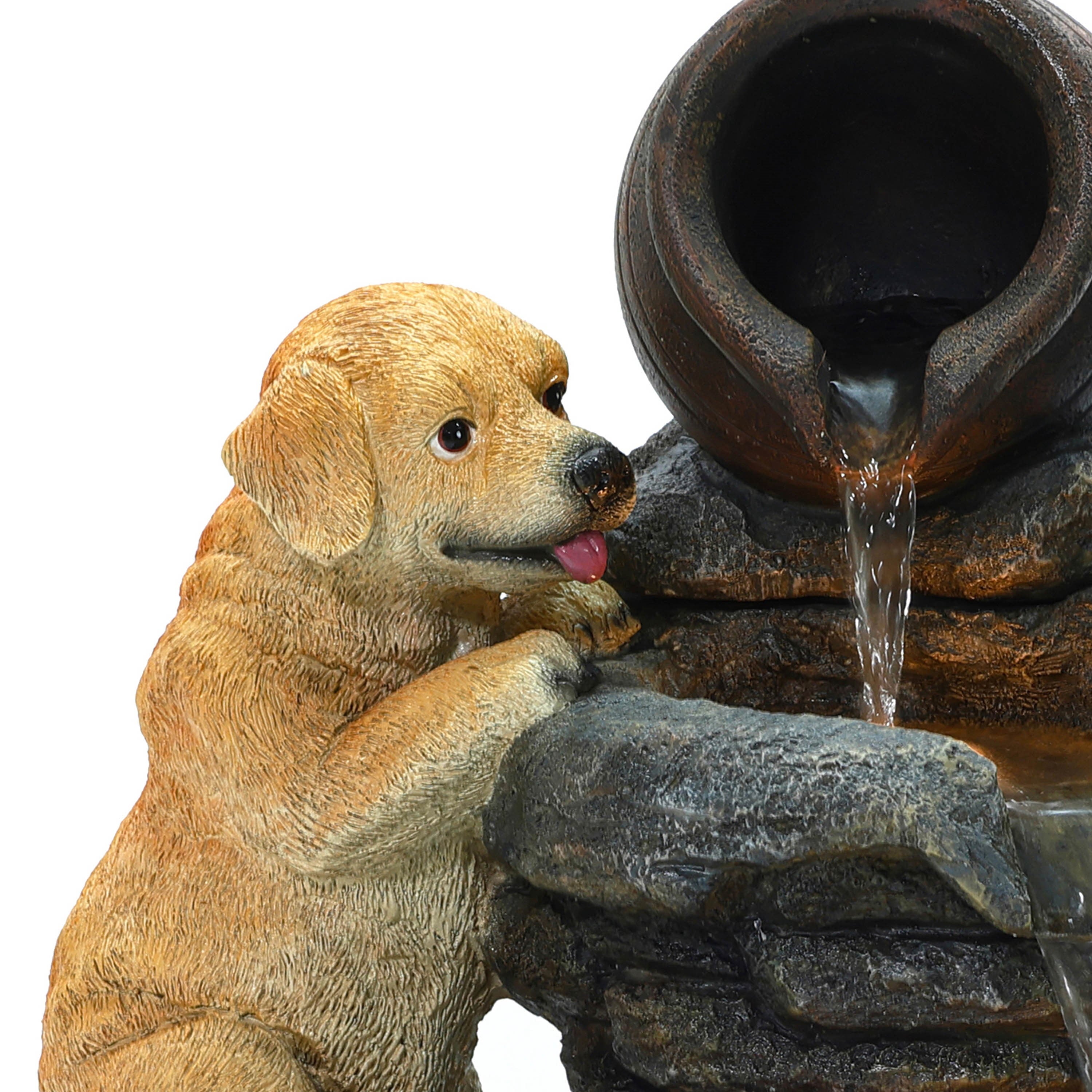 Outdoor Water Fountain, 26" Puppy and Rock Resin Water Fountains Indoor with LED Lights