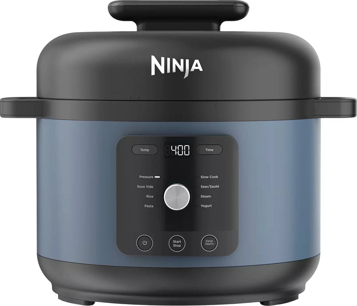 Matte blue macaron Ninja pressure cooker with black lid, white logo, and digital panel showing silver dial set to 400