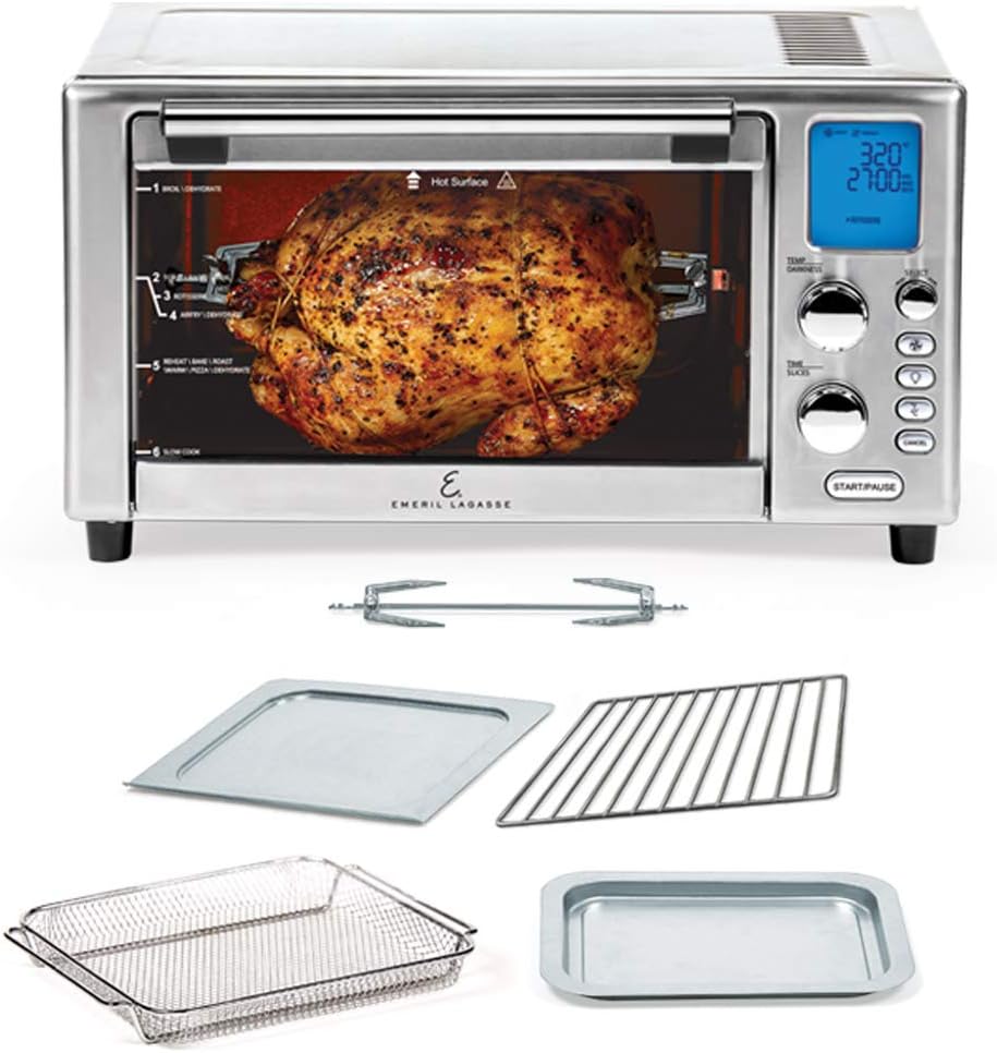 Silver stainless steel Emeril Lagasse air fryer oven with glass door showing roasted turkey and five accessories below