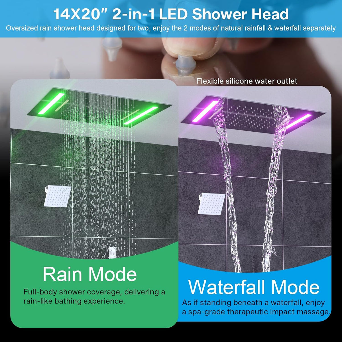 Dual Rain Shower Head System, 2 in 1 Functions Ceiling Mount 14X20Inch LED Shower Head with 6 Inch Shower Head, Rainfall Waterfall Shower Faucet Set, Chrome
