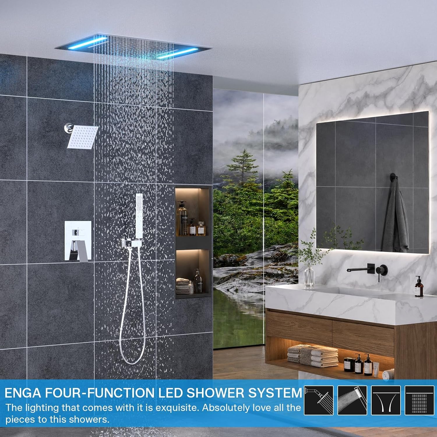 Dual Rain Shower Head System, 2 in 1 Functions Ceiling Mount 14X20Inch LED Shower Head with 6 Inch Shower Head, Rainfall Waterfall Shower Faucet Set, Chrome