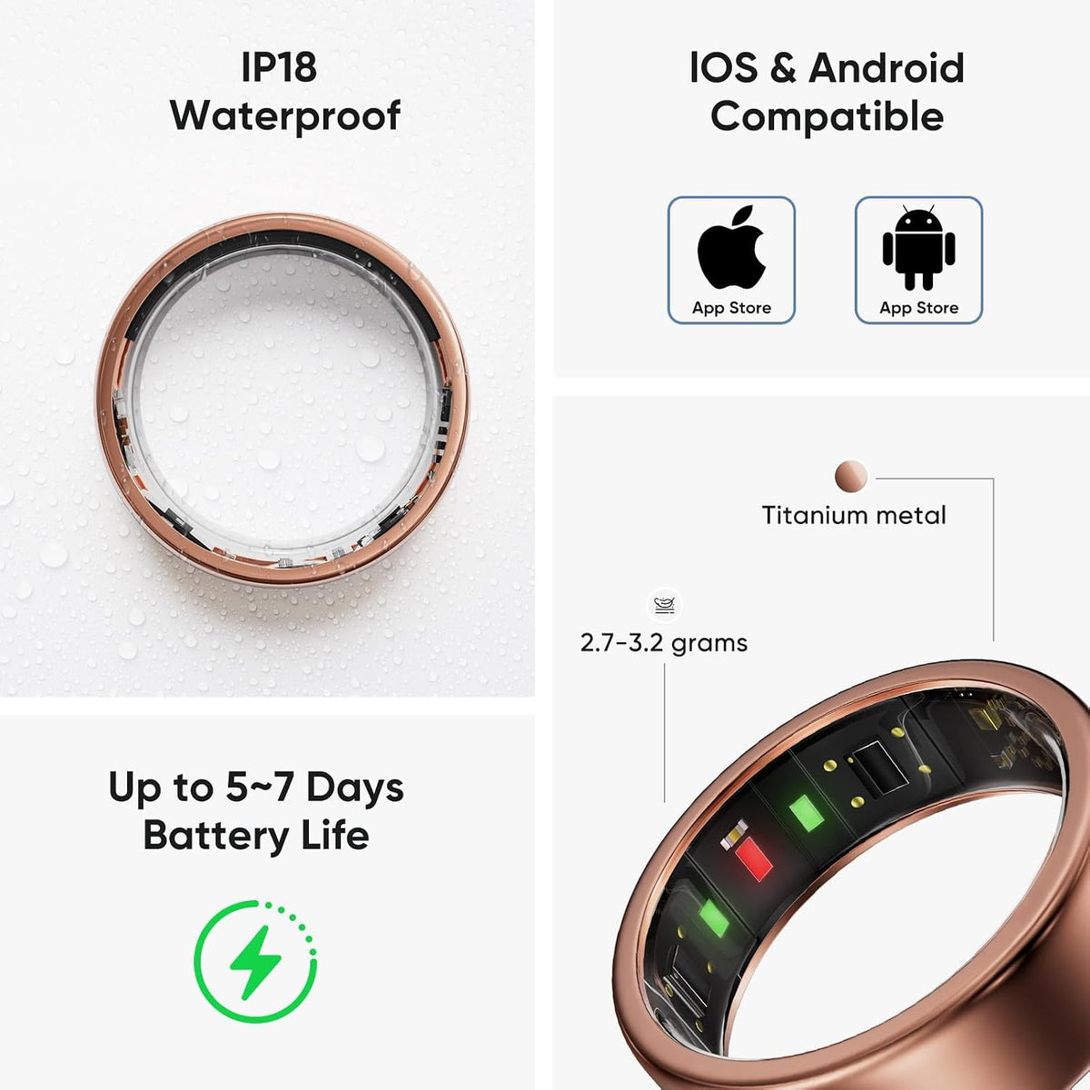 Titanium Smart Ring for Women & Men – Ultra-Light (2.7–3.2G), 4–6 Days Battery, 500Mah Case for 3 Recharges, Health & Fitness Tracker (Rose Gold 7)