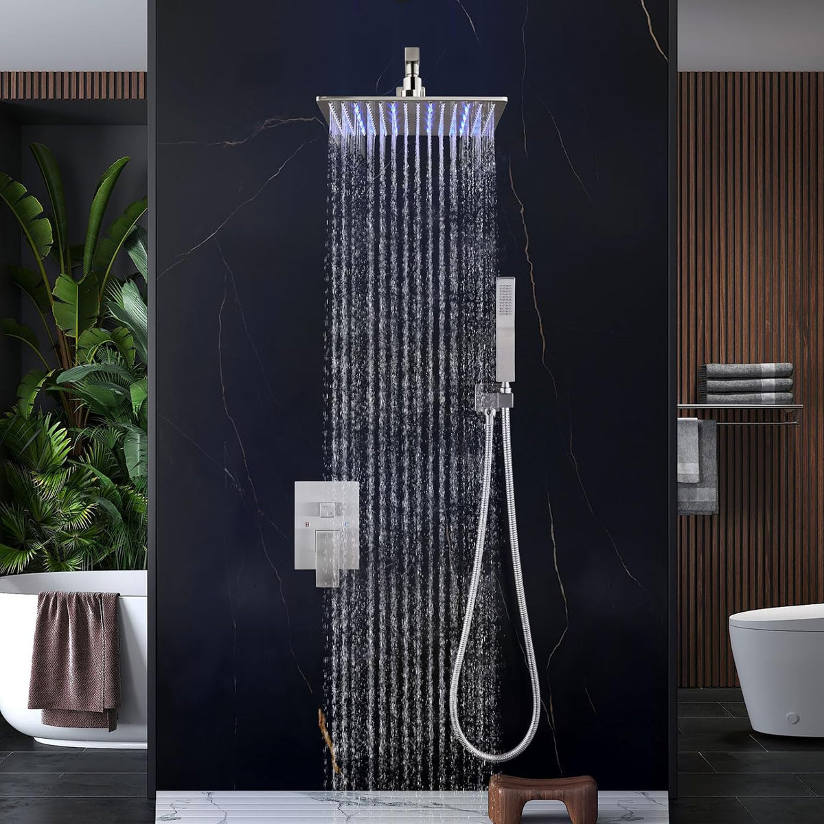 Shower Faucet Set with Valve Handheld 16" LED Head Brushed Nickel