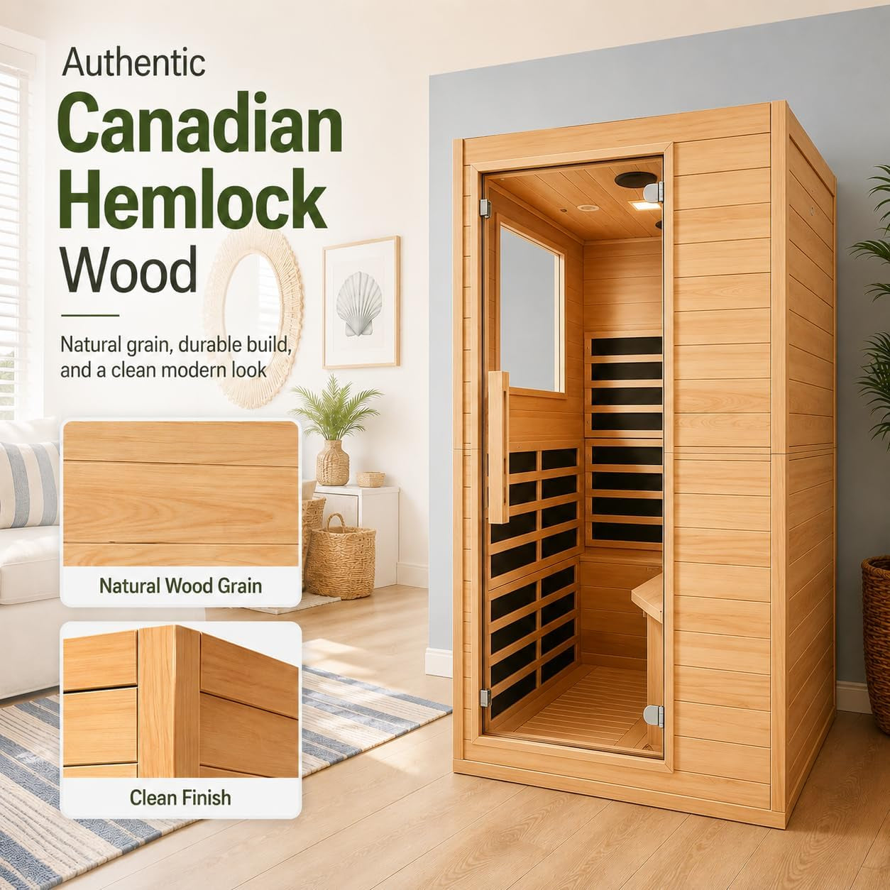 Far Infrared Sauna 2 Person for Home, Hemlock Wood Double Sauna with Side Door, 110V 2000W 8 Mica Heating Panels, Bluetooth FM, 6Mm Tempered Glass, LCD Controller, Home Spa Dry Sauna Room