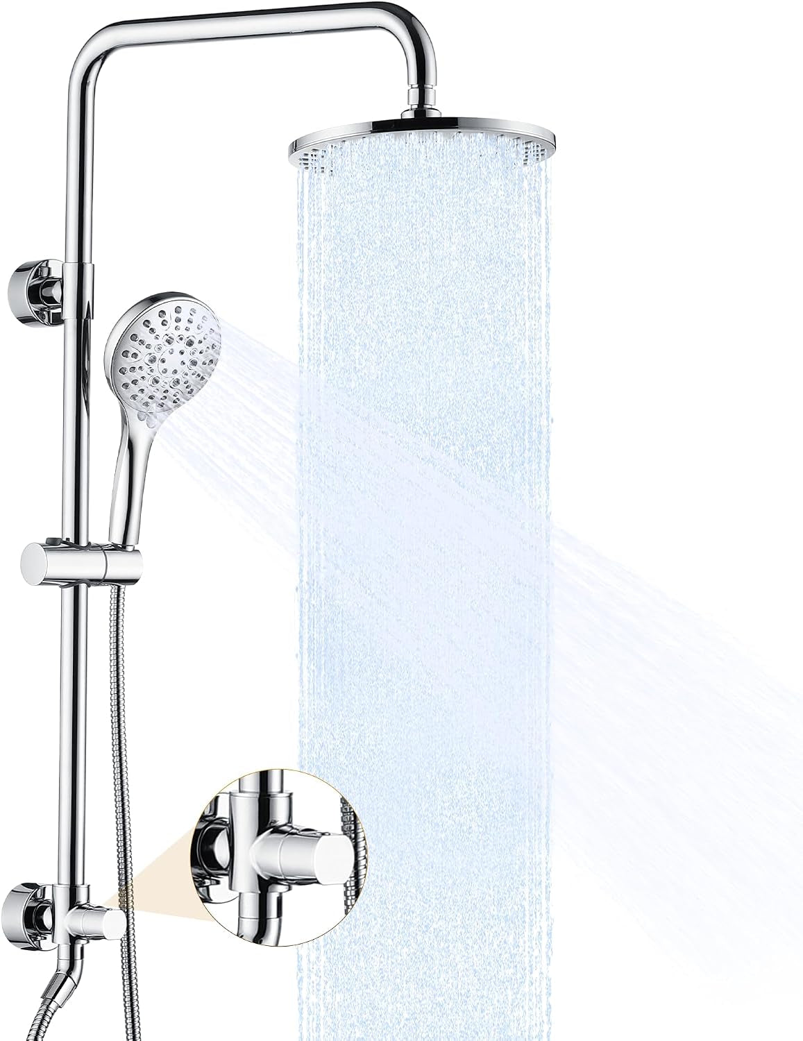 Rain Shower Heads System Including Rainfall Shower Head and Handheld Shower Head with Height Adjustable Holder, Solid Brass Rail, 60 Inch Long Stainless Steel Shower Hose, Chrome