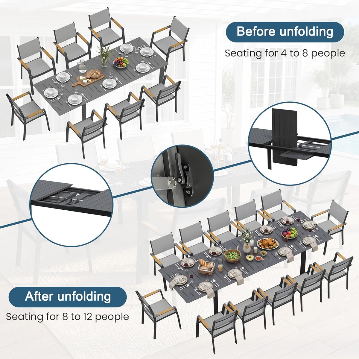 Aluminum Outdoor Patio Table and Chairs Set with 121" L-81 L Expandable Dining Table, 13-Pieces Outdoor Dining Set for 12, Patio Furniture Set with Stackable Quick Drying Chairs, Grey