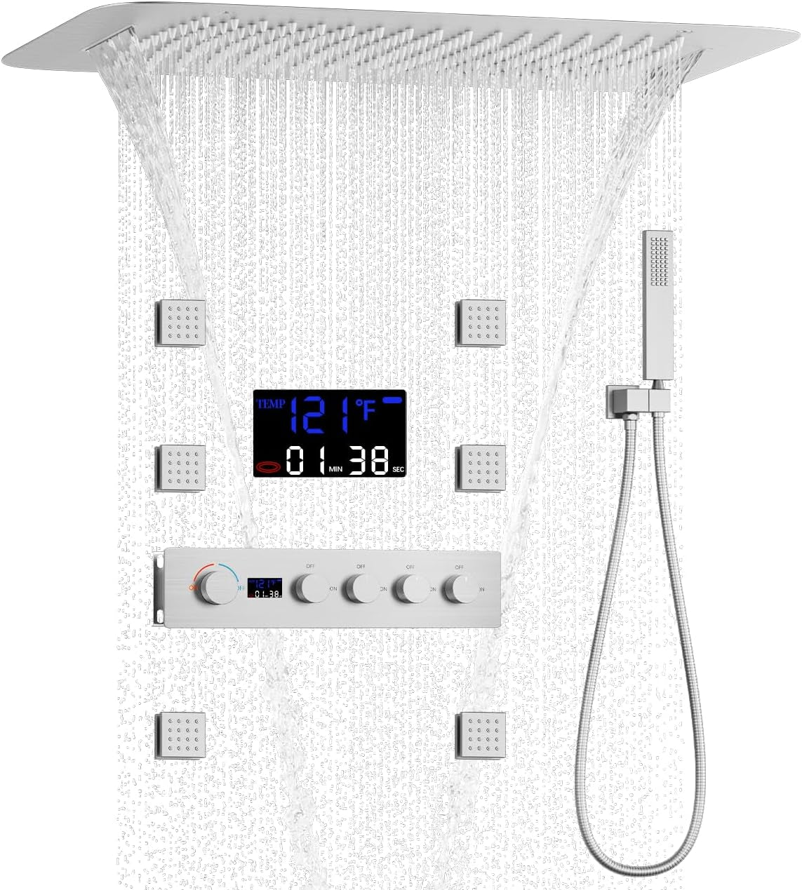 Multi Functional Thermostatic Shower Set Digital Display Rain Body Spray Bathroom Full Body Shower System with 16X24" Shower Head Brushed Nickel