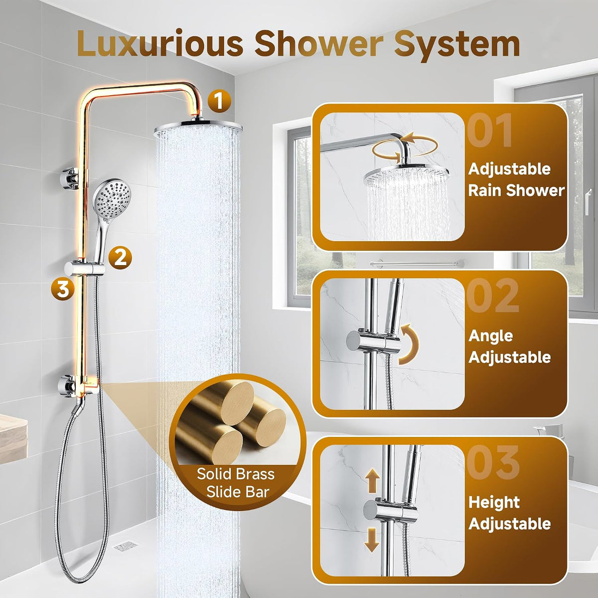 Rain Shower Heads System Including Rainfall Shower Head and Handheld Shower Head with Height Adjustable Holder, Solid Brass Rail, 60 Inch Long Stainless Steel Shower Hose, Chrome