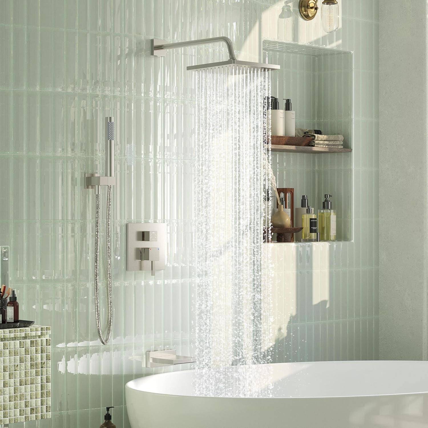 Shower System with Tub Spout, Wall Mounted Bathtub Shower Faucet Set, 10 Inch Rain Shower Head and Handheld Shower Head Set, High Pressure Tub Shower Kit with Shower Valve, Brushed Nickel