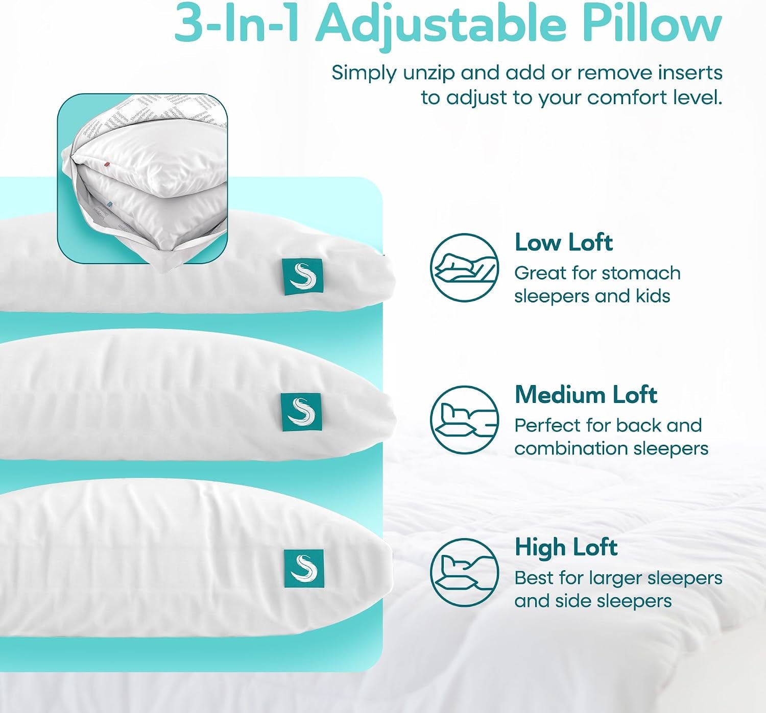 2-Pack Cooling Bed Pillows & Removable Cover for Sleeping Sets, King Size - Adjustable and Washable Bedding Pillow Set for Comfortable Sleep
