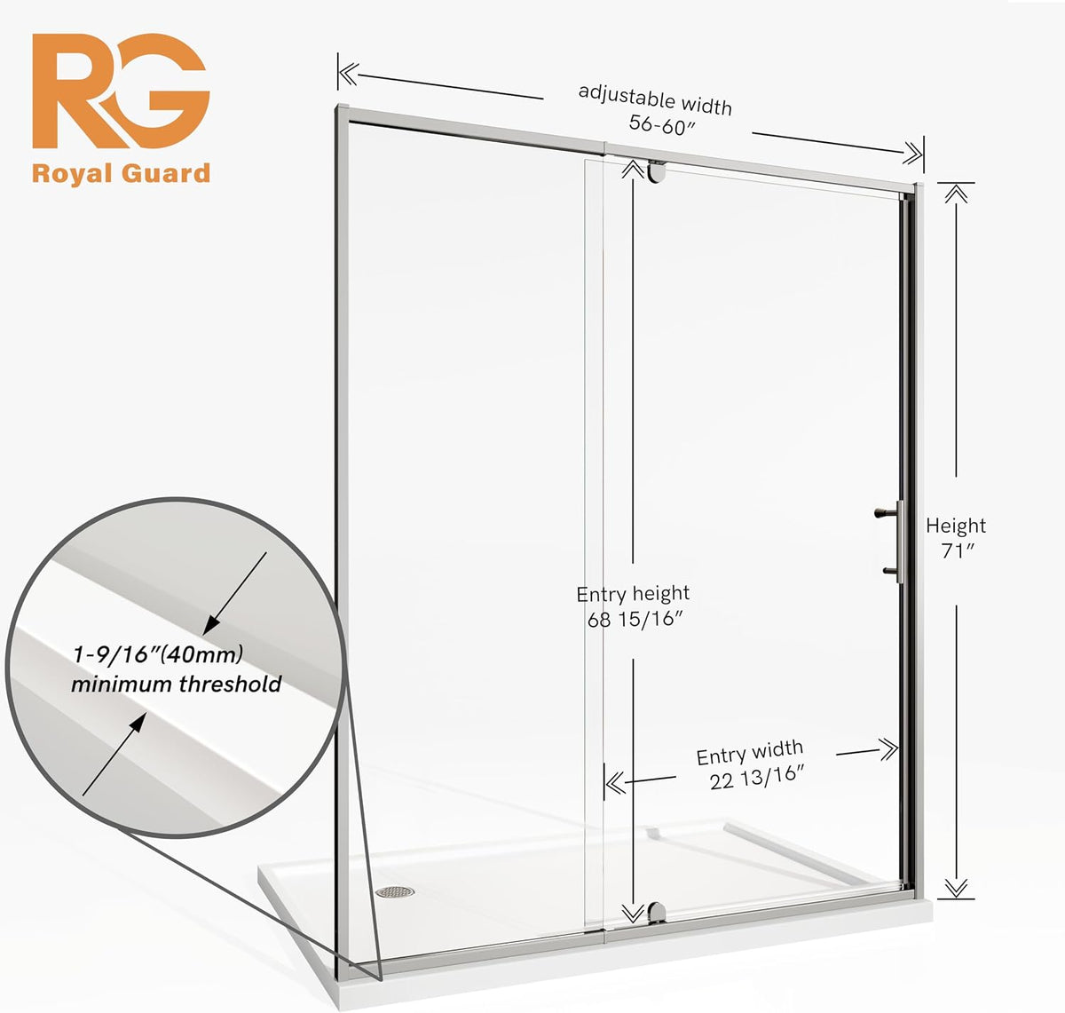 56-60" W X 71" H Pivot Swing Glass Shower Door,Chrome