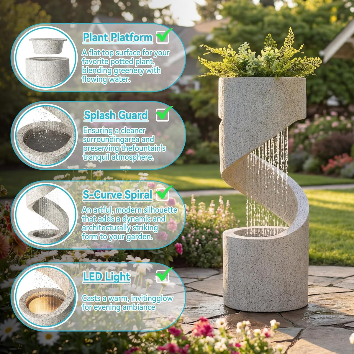 Outdoor Water Fountain with LED Light, Decorative Tiered Curved Waterfall Fountain with Stone Planter, Faux Terrazzo Spiral Shaped Outdoor Fountains for Garden Deck Patio Porch, 31.25”H