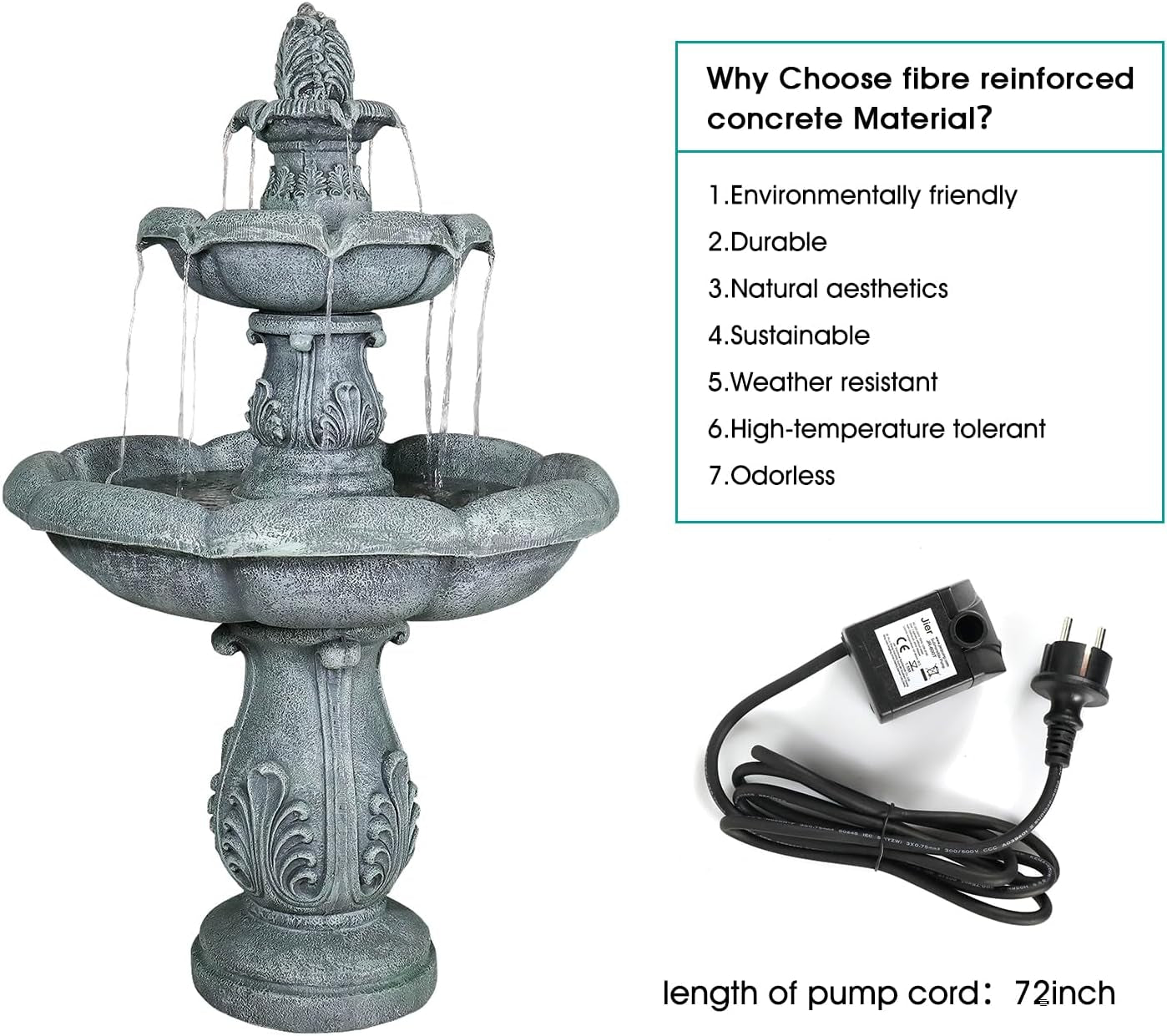 48" High 3-Tiers Modern Concrete Outdoor Water Fountain - round Large Outdoor Fountains and Waterfalls for Garden, Patio, Yard, and Deck Decor, Featuring Natural Stone Look (Grey, 48 Inch)