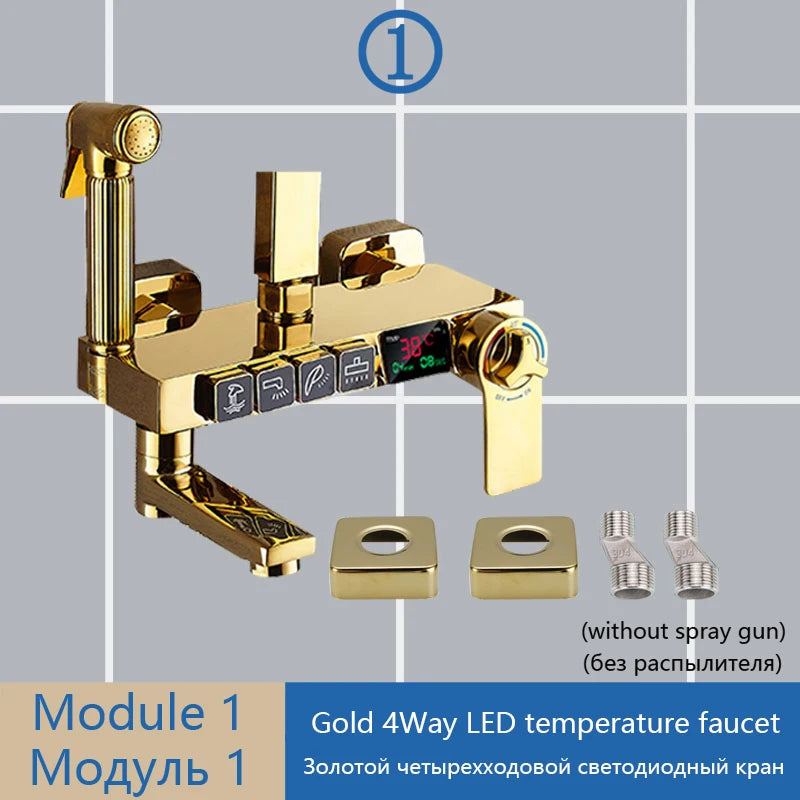 Gray Shower Set Bathroom Copper Shower System LED Digital Display Temperature Bathtub Shower Faucet DIY Shower Accessories Sets
