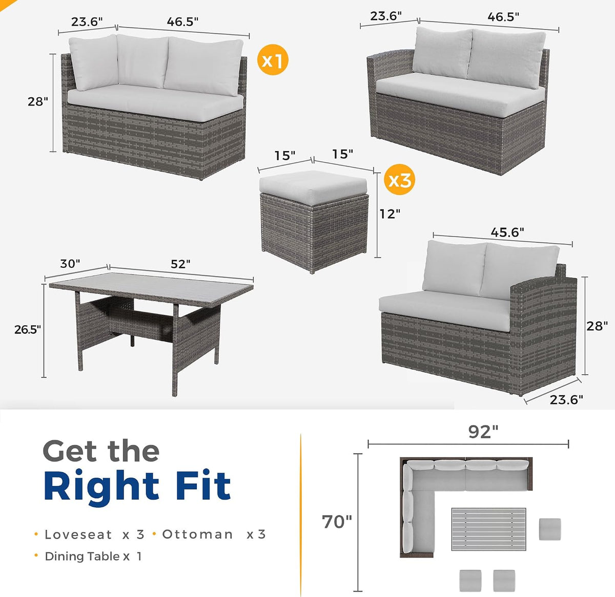 7 Piece Patio Furniture Set, Patio Sectional for All Weather