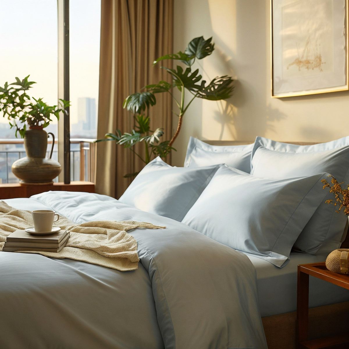 Light blue sateen bedding on bed with knit throw, books, and city view
