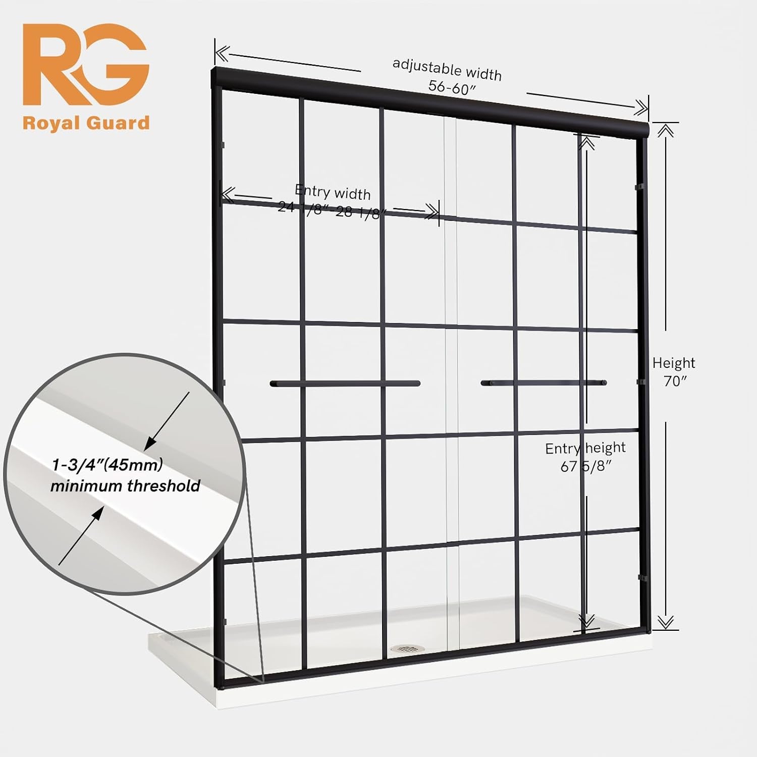 Double Sliding Shower Door,56-60" W X 72" H,Grid Pattern
