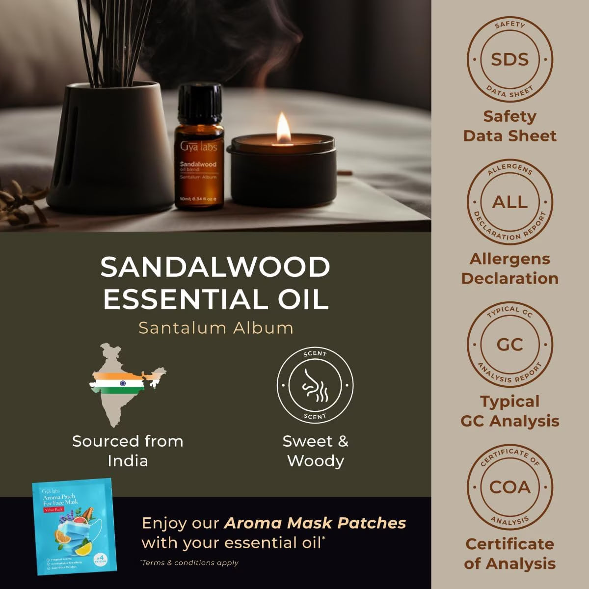 Sandalwood Essential Oils for Diffuser, Natural Sandalwood Oil for Hair, Skin, Massage, & Perfume -0.34 Fl Oz