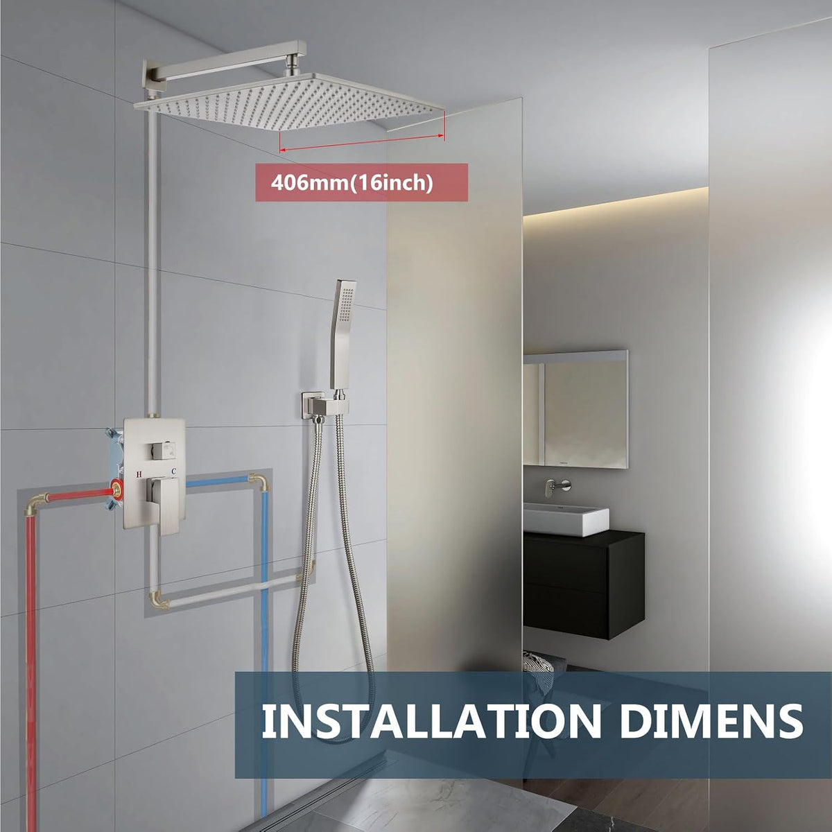 Shower Faucet Set with Valve Handheld 16" LED Head Brushed Nickel